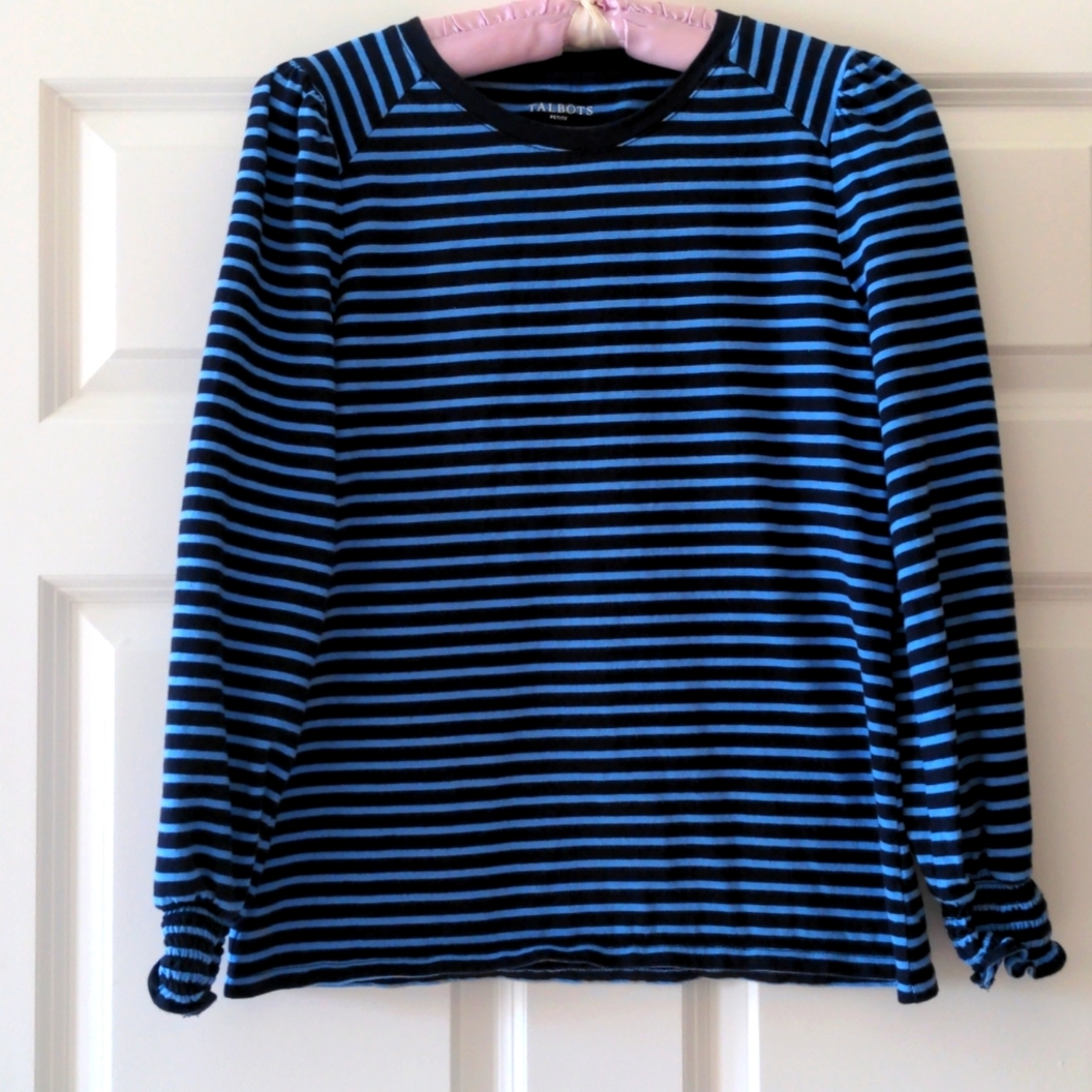 Talbots top French stripes blue Petite Medium nautical crew neck modest